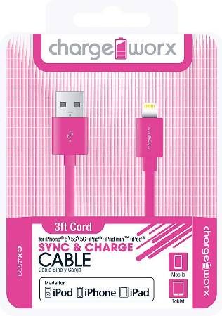 Chargeworx CX4500PK Lightning Sync & Charge Cable, Pink; Made for iPhone 6/6 Plus, 5/5S/5C, iPad, iPad mini and iPod; Connect up-to 2 headphones on one device; 3.5mm audio jack; Extends up to 3ft/1m; Secure fit connectors; UPC 643620000496 (CX-4500PK CX 4500PK CX4500P CX4500)