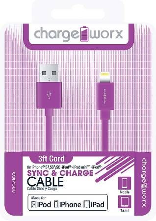 Chargeworx CX4500VT Lightning Sync & Charge Cable, Purple; Made for iPhone 6/6 Plus, 5/5S/5C, iPad, iPad mini and iPod; Connect up-to 2 headphones on one device; 3.5mm audio jack; Extends up to 3ft/1m; Secure fit connectors; UPC 643620000489 (CX-4500VT CX 4500VT CX4500V CX4500)