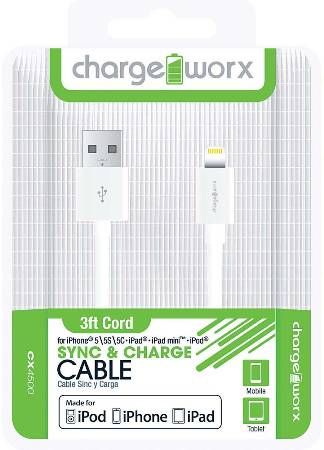 Chargeworx CX4500WH Lightning Sync & Charge Cable, White; Made for iPhone 6/6 Plus, 5/5S/5C, iPad, iPad mini and iPod; Connect up-to 2 headphones on one device; 3.5mm audio jack; Extends up to 3ft/1m; Secure fit connectors; UPC 643620000472 (CX-4500WH CX 4500WH CX4500W CX4500)
