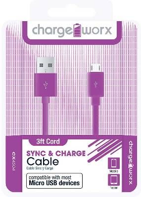 Chargeworx CX4504VT Micro-USB Sync & Charge Cable, Blue; Compatible with most Micro USB devices; Stylish, durable, innovative design; Charge from any USB port; 3.3ft / 1m length; UPC 643620000724 (CX-4504VT CX 4504VT CX4504V CX4504)