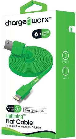 Chargeworx CX4506GN Lighthing Flat Sync and Charge Cable, Green; For iPhone 6S, 6/6Plus, 5/5S/5C, iPad, iPad Mini and iPod; Tangle-Free innovative design; Charge from any USB port; 6ft/1.8m Cord Length; UPC 643620000878 (CX-4506GN CX 4506GN CX4506G CX4506)