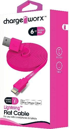 Chargeworx CX4506PK Lighthing Flat Sync and Charge Cable, Pink; For iPhone 6S, 6/6Plus, 5/5S/5C, iPad, iPad Mini and iPod; Tangle-Free innovative design; Charge from any USB port; 6ft/1.8m Cord Length; UPC 643620000854 (CX-4506PK CX 4506PK CX4506P CX4506)