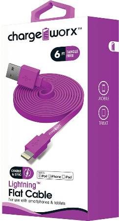Chargeworx CX4506VT Lighthing Flat Sync and Charge Cable, Violet; For iPhone 6S, 6/6Plus, 5/5S/5C, iPad, iPad Mini and iPod; Tangle-Free innovative design; Charge from any USB port; 6ft/1.8m Cord Length; UPC 643620000847 (CX-4506VT CX 4506VT CX4506V CX4506)