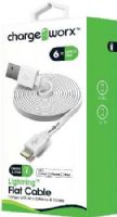 Chargeworx CX4506WH Lighthing Flat Sync and Charge Cable, White; For iPhone 6S, 6/6Plus, 5/5S/5C, iPad, iPad Mini and iPod; Tangle-Free innovative design; Charge from any USB port; 6ft/1.8m Cord Length; UPC 643620000830 (CX-4506WH CX 4506WH CX4506W CX4506) 