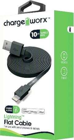 Chargeworx CX4507BK Lightning Flat Sync & Charge Cable, Black; For use with iPhone 6S, 6/6Plus, 5/5S/5C, iPad, iPad Mini and iPod; Tangle-Free innovative design; Charge from any USB port; 10ft/3m Length; UPC 643620000885 (CX-4507BK CX 4507BK CX4507B CX4507)