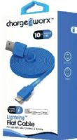 Chargeworx CX4507BL Lightning Flat Sync & Charge Cable, Blue; For use with iPhone 6S, 6/6Plus, 5/5S/5C, iPad, iPad Mini and iPod; Tangle-Free innovative design; Charge from any USB port; 10ft/3m Length; UPC 643620000922 (CX-4507BL CX 4507BL CX4507B CX4507) 
