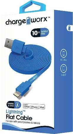 Chargeworx CX4507BL Lightning Flat Sync & Charge Cable, Blue; For use with iPhone 6S, 6/6Plus, 5/5S/5C, iPad, iPad Mini and iPod; Tangle-Free innovative design; Charge from any USB port; 10ft/3m Length; UPC 643620000922 (CX-4507BL CX 4507BL CX4507B CX4507)