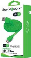 Chargeworx CX4507GN Lightning Flat Sync & Charge Cable, Green; For use with iPhone 6S, 6/6Plus, 5/5S/5C, iPad, iPad Mini and iPod; Tangle-Free innovative design; Charge from any USB port; 10ft/3m Length; UPC 643620000939 (CX-4507GN CX 4507GN CX4507G CX4507) 