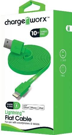 Chargeworx CX4507GN Lightning Flat Sync & Charge Cable, Green; For use with iPhone 6S, 6/6Plus, 5/5S/5C, iPad, iPad Mini and iPod; Tangle-Free innovative design; Charge from any USB port; 10ft/3m Length; UPC 643620000939 (CX-4507GN CX 4507GN CX4507G CX4507)