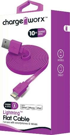 Chargeworx CX4507VT Lightning Flat Sync & Charge Cable, Violet; For use with iPhone 6S, 6/6Plus, 5/5S/5C, iPad, iPad Mini and iPod; Tangle-Free innovative design; Charge from any USB port; 10ft/3m Length; UPC 643620000908 (CX-4507VT CX 4507VT CX4507V CX4507)