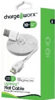 Chargeworx CX4507WH Lightning Flat Sync & Charge Cable, White; For use with iPhone 6S, 6/6Plus, 5/5S/5C, iPad, iPad Mini and iPod; Tangle-Free innovative design; Charge from any USB port; 10ft/3m Length; UPC 643620000892 (CX-4507WH CX 4507WH CX4507W CX4507) 