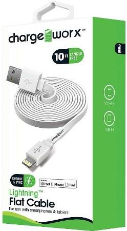 Chargeworx CX4507WH Lightning Flat Sync & Charge Cable, White; For use with iPhone 6S, 6/6Plus, 5/5S/5C, iPad, iPad Mini and iPod; Tangle-Free innovative design; Charge from any USB port; 10ft/3m Length; UPC 643620000892 (CX-4507WH CX 4507WH CX4507W CX4507)