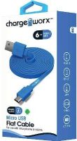Chargeworx CX4510BL Micro USB Flat Sync & Charge Cable, Blue For use with smartphones, tablets and most Micro USB devices, Tangle-Free innovative design, Charge from any USB port, 6ft / 1.8m cord length, UPC 643620001103 (CX-4510BL CX 4510BL CX4510B CX4510) 