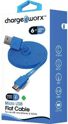 Chargeworx CX4510BL Micro USB Flat Sync & Charge Cable, Blue For use with smartphones, tablets and most Micro USB devices, Tangle-Free innovative design, Charge from any USB port, 6ft / 1.8m cord length, UPC 643620001103 (CX-4510BL CX 4510BL CX4510B CX4510)