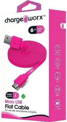 Chargeworx CX4510PK Micro USB Flat Sync & Charge Cable, Pink For use with smartphones, tablets and most Micro USB devices, Tangle-Free innovative design, Charge from any USB port, 6ft / 1.8m cord length, UPC 643620001097 (CX-4510PK CX 4510PK CX4510P CX4510)