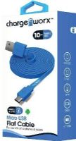 Chargeworx CX4511BL Micro USB Flat Sync & Charge Cable, Blue For use with smartphones, tablets and most Micro USB devices, Tangle-Free innovative design, Charge from any USB port, 10ft / 3m cord length, UPC 643620001165 (CX-4511BL CX 4511BL CX4511B CX4511) 