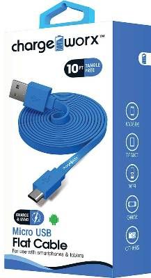 Chargeworx CX4511BL Micro USB Flat Sync & Charge Cable, Blue For use with smartphones, tablets and most Micro USB devices, Tangle-Free innovative design, Charge from any USB port, 10ft / 3m cord length, UPC 643620001165 (CX-4511BL CX 4511BL CX4511B CX4511)