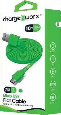 Chargeworx CX4511GN Micro USB Flat Sync & Charge Cable, Green For use with smartphones, tablets and most Micro USB devices, Tangle-Free innovative design, Charge from any USB port, 10ft / 3m cord length, UPC 643620001172 (CX-4511GN CX 4511GN CX4511G CX4511)
