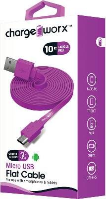 Chargeworx CX4511VT Micro USB Flat Sync & Charge Cable, Violet For use with smartphones, tablets and most Micro USB devices, Tangle-Free innovative design, Charge from any USB port, 10ft / 3m cord length, UPC 643620001141 (CX-4511VT CX 4511VT CX4511V CX4511)