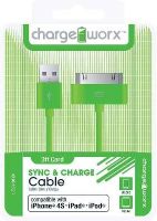 Chargeworx CX4521GN Sync & Charge Cable, Green; Compatible with iPhone 4/4S, iPad and iPod; Stylish, durable, innovative design; Charge from any USB port; 3.3ft/1m 30-pin cord length; UPC 643620452134 (CX-4521GN CX 4521GN CX4521G CX4521) 