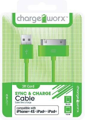 Chargeworx CX4521GN Sync & Charge Cable, Green; Compatible with iPhone 4/4S, iPad and iPod; Stylish, durable, innovative design; Charge from any USB port; 3.3ft/1m 30-pin cord length; UPC 643620452134 (CX-4521GN CX 4521GN CX4521G CX4521)