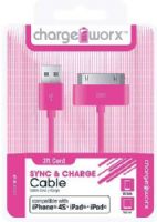 Chargeworx CX4521PK Sync & Charge Cable, Pink; Compatible with iPhone 4/4S, iPad and iPod; Stylish, durable, innovative design; Charge from any USB port; 3.3ft/1m 30-pin cord length; UPC 643620452141 (CX-4521PK CX 4521PK CX4521P CX4521) 