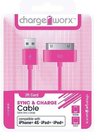 Chargeworx CX4521PK Sync & Charge Cable, Pink; Compatible with iPhone 4/4S, iPad and iPod; Stylish, durable, innovative design; Charge from any USB port; 3.3ft/1m 30-pin cord length; UPC 643620452141 (CX-4521PK CX 4521PK CX4521P CX4521)