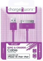 Chargeworx CX4521VT Sync & Charge Cable, Purple; Compatible with iPhone 4/4S, iPad and iPod; Stylish, durable, innovative design; Charge from any USB port; 3.3ft/1m 30-pin cord length; UPC 643620452158 (CX-4521VT CX 4521VT CX4521V CX4521) 