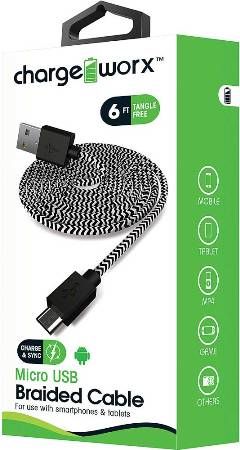 Chargeworx CX4526BK Micro-USB Braided Sync & Charge Cable, Black; For use with smartphones, tablets and most Micro USB devices; Tangle-Free innovative design; Charge from any USB port; 6ft / 1.8m cord length; UPC 643620452608 (CX-4526BK CX 4526BK CX4526B CX4526)