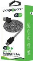 Chargeworx CX4527BK Micro-USB Braided Sync & Charge Cable, Black; For use with smartphones, tablets and most Micro USB devices; Tangle-Free innovative design; Charge from any USB port; 10ft / 3m cord length; UPC 643620452707 (CX-4527BK CX 4527BK CX4527B CX4527) 