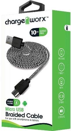Chargeworx CX4527BK Micro-USB Braided Sync & Charge Cable, Black; For use with smartphones, tablets and most Micro USB devices; Tangle-Free innovative design; Charge from any USB port; 10ft / 3m cord length; UPC 643620452707 (CX-4527BK CX 4527BK CX4527B CX4527)
