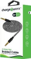 Chargeworx CX4528BK Aux Audio Braided Cable, Black, 3.5mm plug-to-3.5mm plug, High-quality audio, Universal for all 3.5mm devices, Gold-plated connectors, Durable tangle free design, 6ft / 1.8m cord length, UPC 643620452806 (CX-4528BK CX 4528BK CX4528B CX4528) 