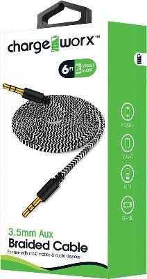 Chargeworx CX4528BK Aux Audio Braided Cable, Black, 3.5mm plug-to-3.5mm plug, High-quality audio, Universal for all 3.5mm devices, Gold-plated connectors, Durable tangle free design, 6ft / 1.8m cord length, UPC 643620452806 (CX-4528BK CX 4528BK CX4528B CX4528)