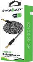 Chargeworx CX4529BK Aux Audio Braided Cable, Black For use with most mobile & audio devices, 3.5mm plug-to-3.5mm plug, High-quality audio, Universal for all 3.5mm devices, Gold-plated connectors, Durable tangle free design, 10ft / 3m cord length, UPC 643620452905 (CX-4529BK CX 4529BK CX4529B CX4529) 