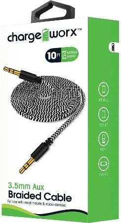 Chargeworx CX4529BK Aux Audio Braided Cable, Black For use with most mobile & audio devices, 3.5mm plug-to-3.5mm plug, High-quality audio, Universal for all 3.5mm devices, Gold-plated connectors, Durable tangle free design, 10ft / 3m cord length, UPC 643620452905 (CX-4529BK CX 4529BK CX4529B CX4529)