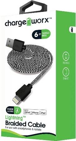 Chargeworx CX4530BK Lighthing Braided Sync and Charge Cable, Black; For iPhone 6S, 6/6Plus, 5/5S/5C, iPad, iPad Mini and iPod; Tangle-Free innovative design; Charge from any USB port; 6ft/1.8m Length; UPC 643620453001 (CX-4530BK CX 4530BK CX4530B CX4530)