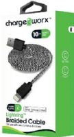 Chargeworx CX4531BK Lightning Braided Sync & Charge Cable, Black For iPhone 6S, 6/6Plus, 5/5S/5C, iPad, iPad Mini and iPod; Tangle-Free innovative design; Charge from any USB port; 10ft / 3m Cord Length; UPC 643620453100 (CX-4531BK CX 4531BK CX4531B CX4531) 