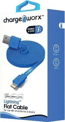 Chargeworx CX4536BL Lightning Flat Sync & Charge Cable, Blue For use with smartphones and tablets, Tangle-Free innovative design, Charge from any USB port, 3.3ft / 1m cord length, UPC 643620453629 (CX-4536BL CX 4536BL CX4536B CX4536)