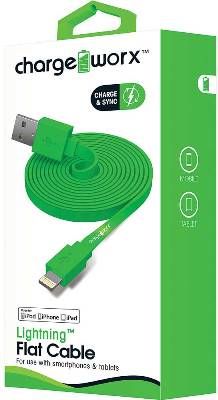 Chargeworx CX4536GN Lightning Flat Sync & Charge Cable, Green For use with smartphones and tablets, Tangle-Free innovative design, Charge from any USB port, 3.3ft / 1m cord length, UPC 643620453636 (CX-4536GN CX 4536GN CX4536G CX4536)