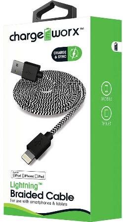 Chargeworx CX4538BK Lightning Braided Sync & Charge Cable, Black; For iPhone 6S, 6/6Plus, 5/5S/5C, iPad, iPad Mini and iPod; Tangle-Free innovative design; Charge from any USB port; 3.3ft/1m cord length; UPC 643620453803 (CX-4538BK CX 4538BK CX4538B CX4538)