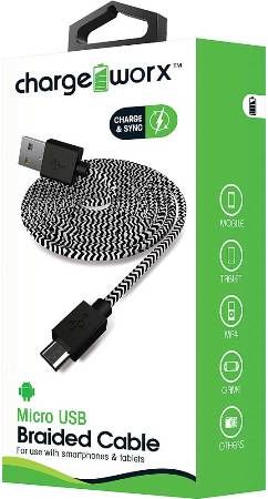Chargeworx CX4539BK Micro-USB Braided Sync & Charge Cable, Black; For use with smartphones, tablets and most Micro USB devices; Tangle-Free innovative design; Charge from any USB port; 3.3ft / 1m cord length; UPC 643620453902 (CX-4539BK CX 4539BK CX4539B CX4539)