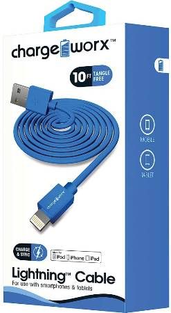 Chargeworx CX4601BL Lightning Sync & Charge Cable, Blue; For use with iPhone 6S, 6/6Plus, 5/5S/5C, iPad, iPad Mini, iPod; Stylish, durable, innovative design; Charge from any USB port; 10ft./3m Length; UPC 643620460122 (CX-4601BL CX 4601BL CX4601B CX4601)