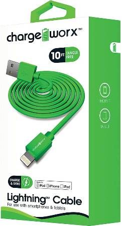 Chargeworx CX4601GN Lightning Sync & Charge Cable, Green; For use with iPhone 6S, 6/6Plus, 5/5S/5C, iPad, iPad Mini, iPod; Stylish, durable, innovative design; Charge from any USB port; 10ft./3m Length; UPC 643620460139 (CX-4601GN CX 4601GN CX4601G CX4601)