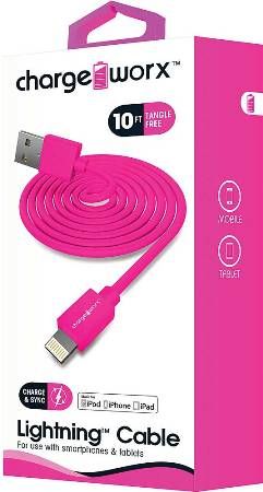 Chargeworx CX4601PK Lightning Sync & Charge Cable, Pink; For use with iPhone 6S, 6/6Plus, 5/5S/5C, iPad, iPad Mini, iPod; Stylish, durable, innovative design; Charge from any USB port; 10ft./3m Length; UPC 643620460146 (CX-4601PK CX 4601PK CX4601P CX4601)