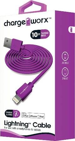Chargeworx CX4601VT Lightning Sync & Charge Cable, Violet; For use with iPhone 6S, 6/6Plus, 5/5S/5C, iPad, iPad Mini, iPod; Stylish, durable, innovative design; Charge from any USB port; 10ft./3m Length; UPC 643620460153 (CX-4601VT CX 4601VT CX4601V CX4601)