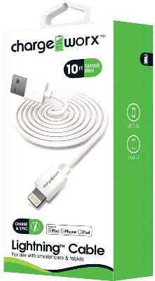 Chargeworx CX4601WH Lightning Sync & Charge Cable, White; For use with iPhone 6S, 6/6Plus, 5/5S/5C, iPad, iPad Mini, iPod; Stylish, durable, innovative design; Charge from any USB port; 10ft./3m Length; UPC 643620460160 (CX-4601WH CX 4601WH CX4601W CX4601)