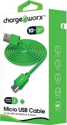 Chargeworx CX4605GN Micro USB Sync & Charge Cable, Green For use with smartphones, tablets and most Micro USB devices; Stylish, durable, innovative design; Charge from any USB port; 10ft / 3m cord length, UPC 643620460535 (CX-4605GN CX 4605GN CX4605G CX4605)