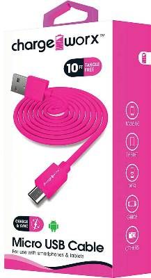 Chargeworx CX4605PK Micro USB Sync & Charge Cable, Pink For use with smartphones, tablets and most Micro USB devices; Stylish, durable, innovative design; Charge from any USB port; 10ft / 3m cord length, UPC 643620460542 (CX-4605PK CX 4605PK CX4605P CX4605)