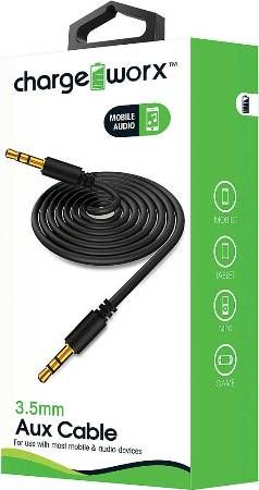 Chargeworx CX4616BK Auxiliar Audio Cable, Black For use with most mobile and audio devices, 3.5mm plug-to-3.5mm plug, High-quality audio, Universal for all 3.5mm devices, Gold-plated connectors, Durable tangle free design, 3.3ft / 1m cord length, UPC 643620461600 (CX-4616BK CX 4616BK CX4616B CX4616)