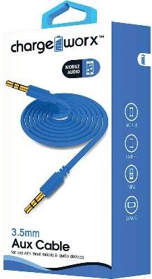 Chargeworx CX4616BL Auxiliar Audio Cable, Blue For use with most mobile and audio devices, 3.5mm plug-to-3.5mm plug, High-quality audio, Universal for all 3.5mm devices, Gold-plated connectors, Durable tangle free design, 3.3ft / 1m cord length, UPC 643620461624 (CX-4616BL CX 4616BL CX4616B CX4616)